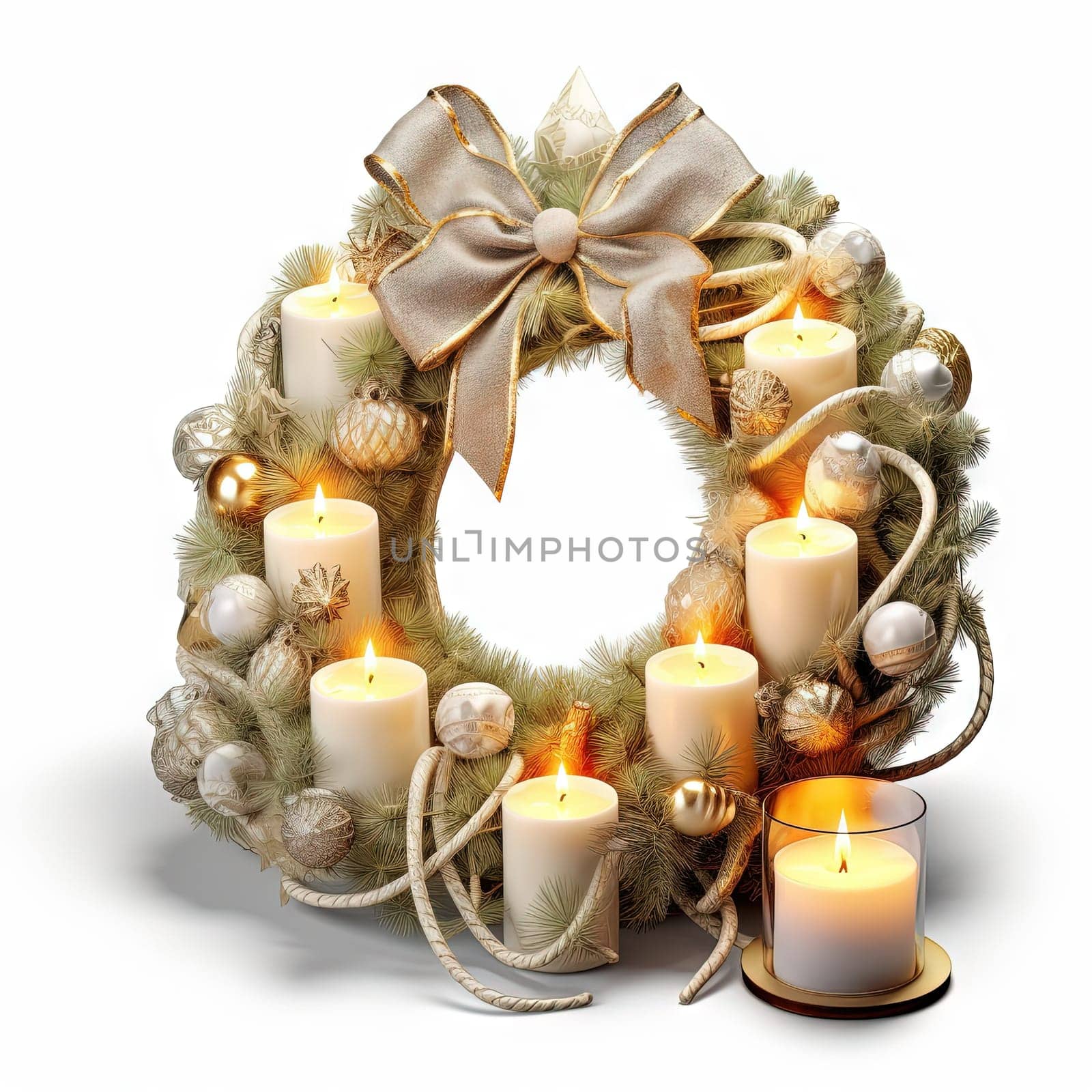 Christmas wreath with shiny baubles anr ribbon. Ornate wreath for winter holidays. Generated AI
