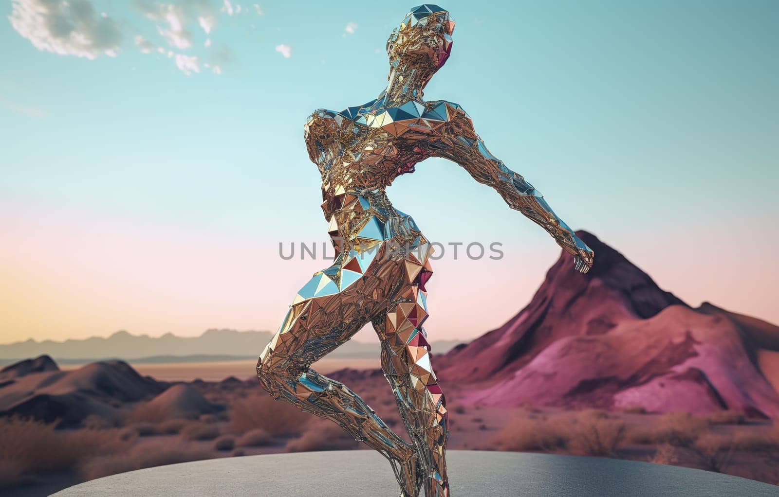 Crome robot woman dancing in the desert. Artificial intelligence rise and shiny. Mechanical beauty. Generated AI