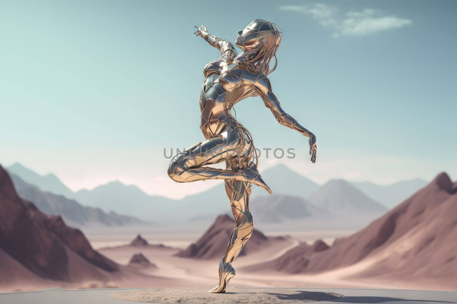 Crome robot woman dancing in the desert. Artificial intelligence rise and shiny. Mechanical beauty. Generated AI