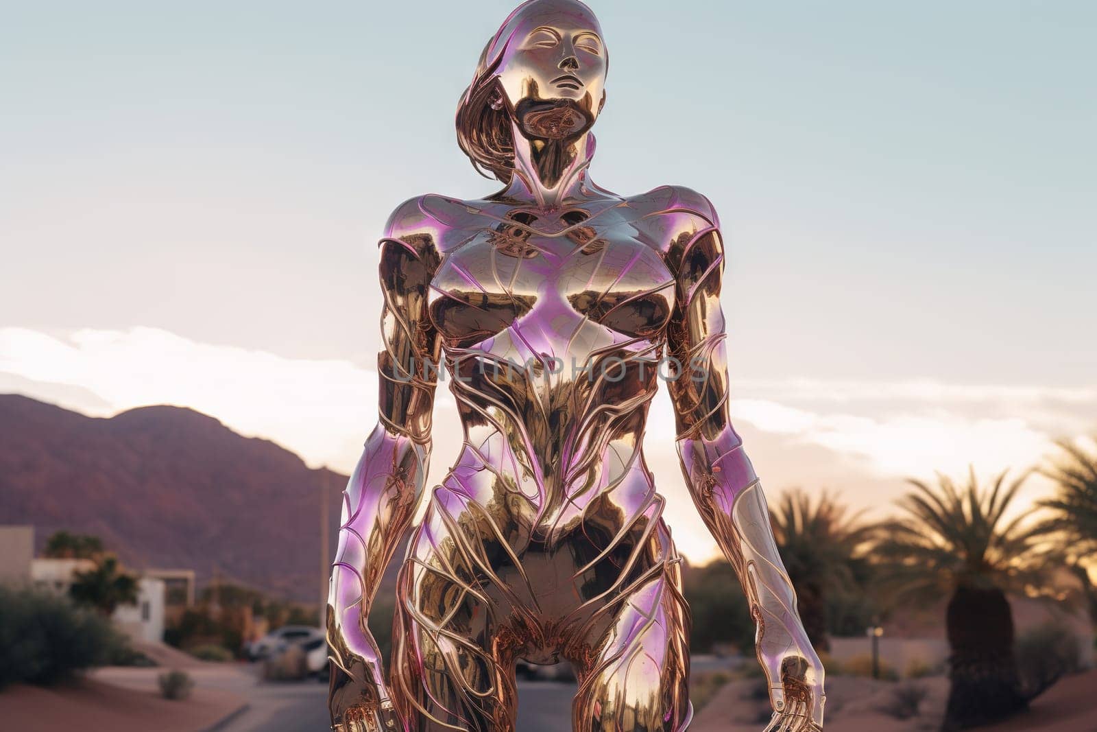 Crome robot woman portrait in the city. Artificial intelligence rise and shiny. Mechanical beauty. Generated AI