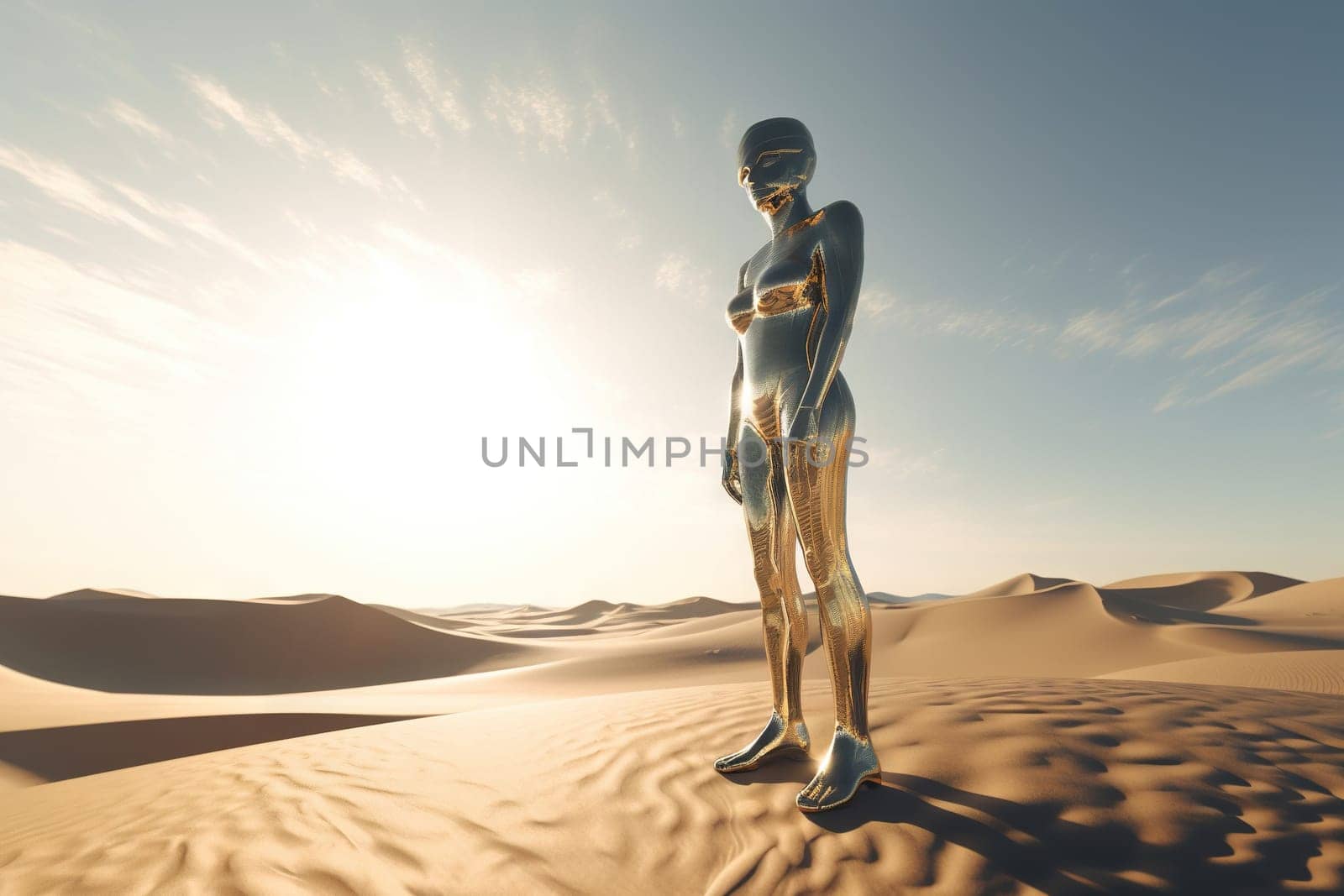 Crome robot woman standing in the desert. Artificial intelligence rise and shiny. Mechanical beauty. Generated AI