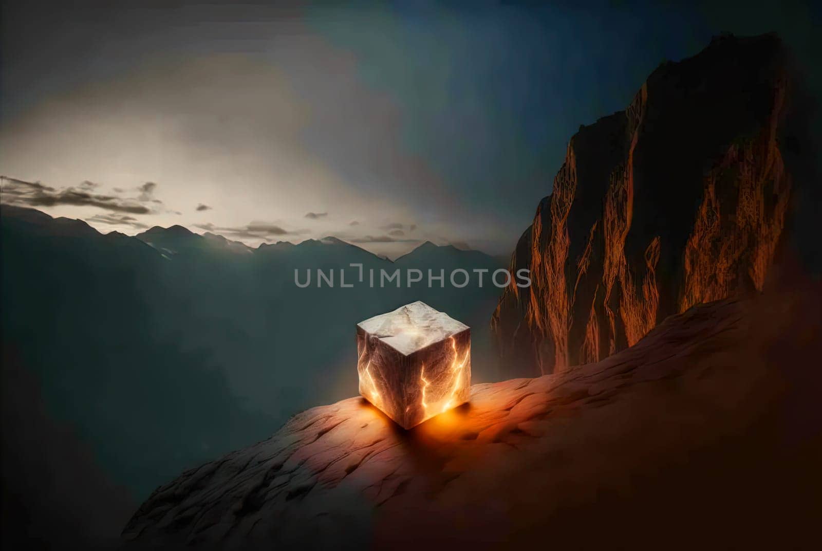 Mysterious glass cube on the natural landscape. Shiny mystic geometric object on abstract background. Generated AI