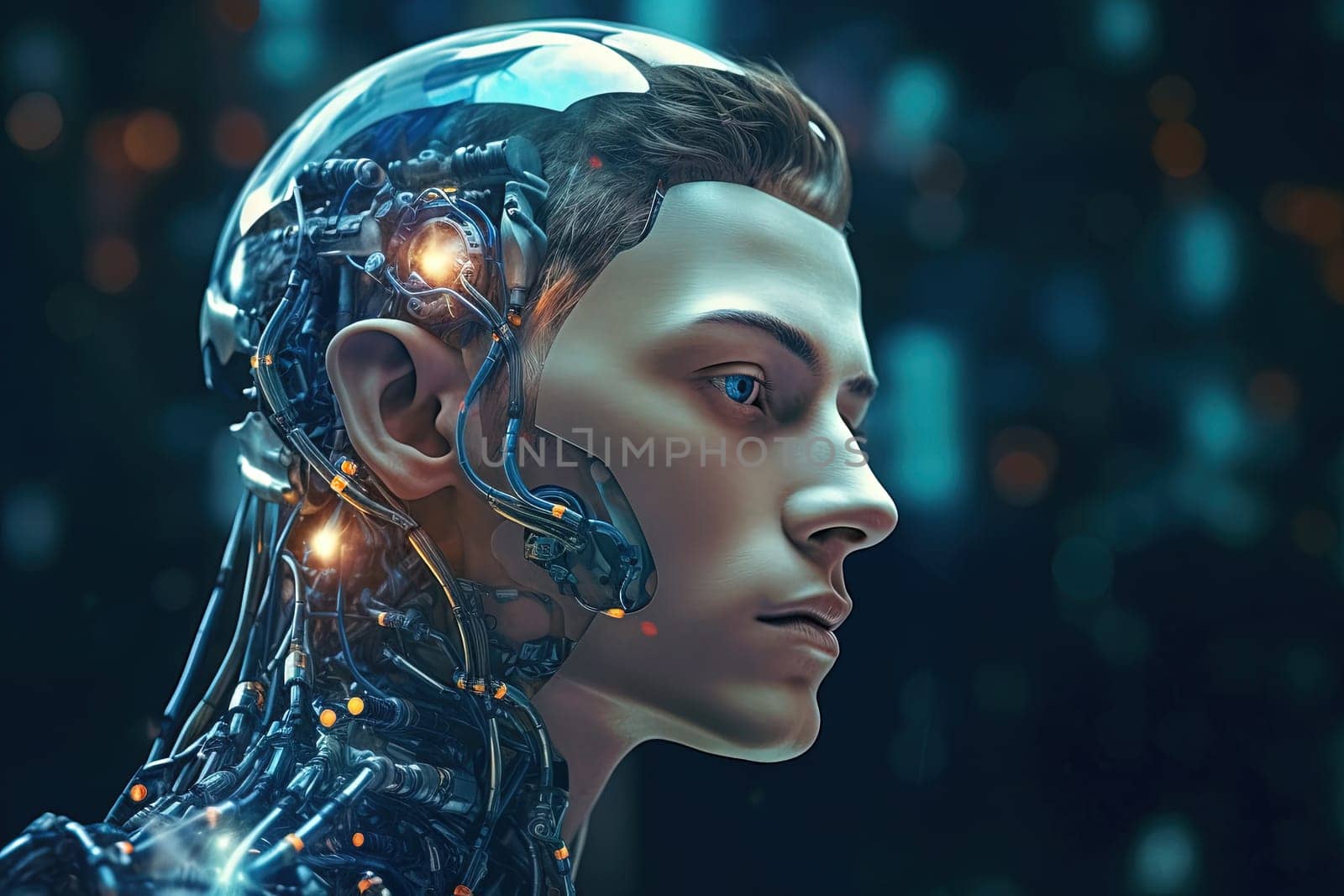Cyborg or digitally improved human. Artificial intelligence and technology concept with advanced man. Generated AI