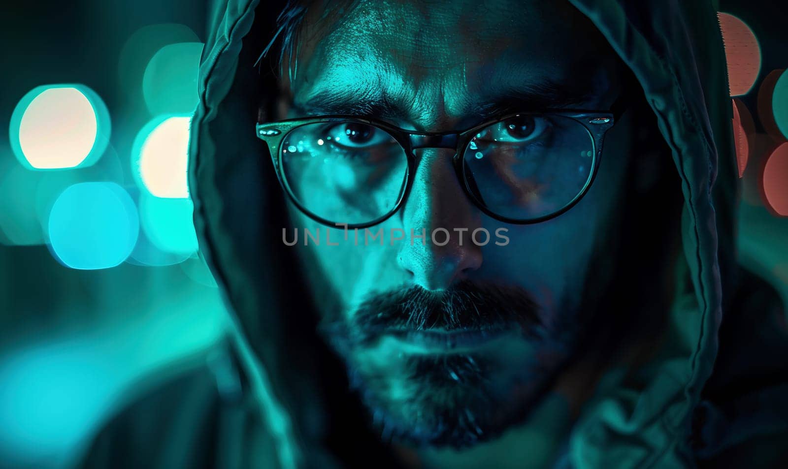 Computer hacker, face or neon man hacking online database software, website server or password phishing. Green ransomware developer, cyber security programming or night programmer coding malware code. High quality photo