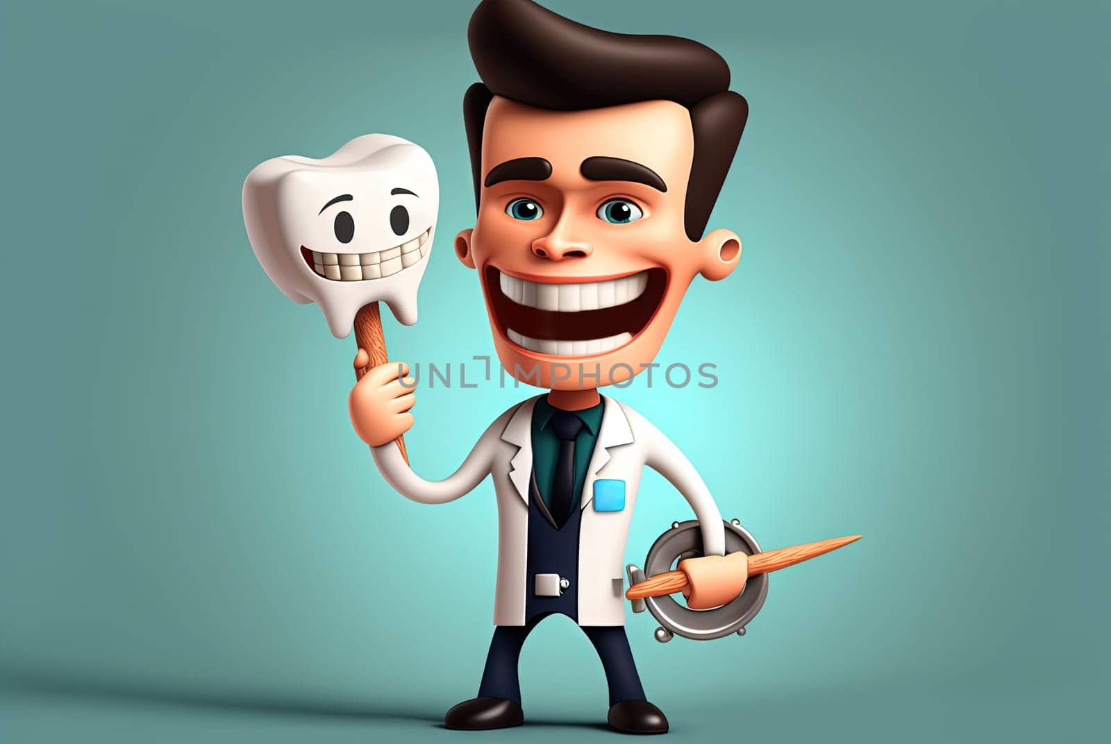 Funny dentist with tooth. Happy doctor smiling with all his teeth. Generated AI. by SwillKch