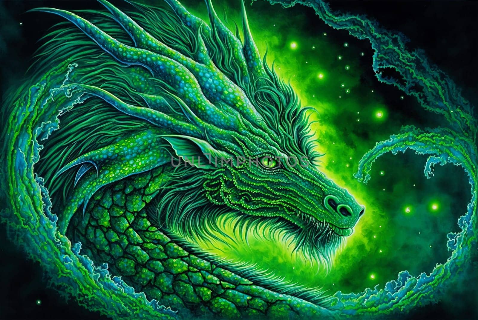 Green dragon portrait, mysterious monster from farytales and symbol of 2024 lunar year in Chinese calendar. Generated AI