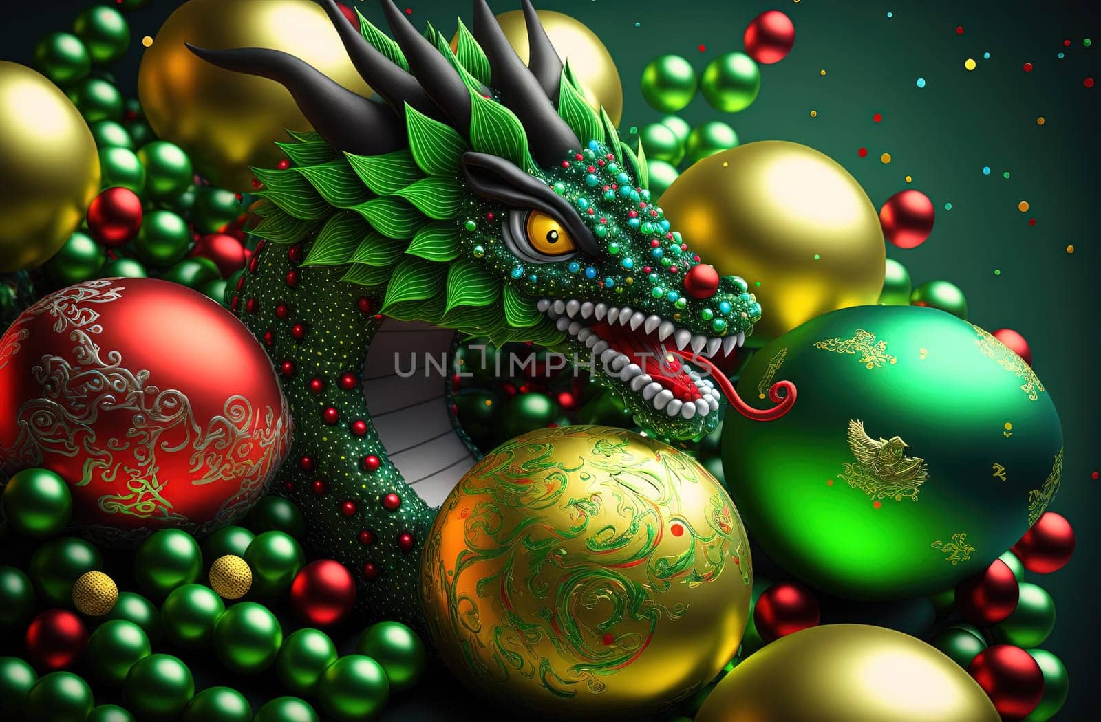 Green dragon, mysterious monster from farytales and symbol of 2024 lunar year in Chinese calendar. Generated AI