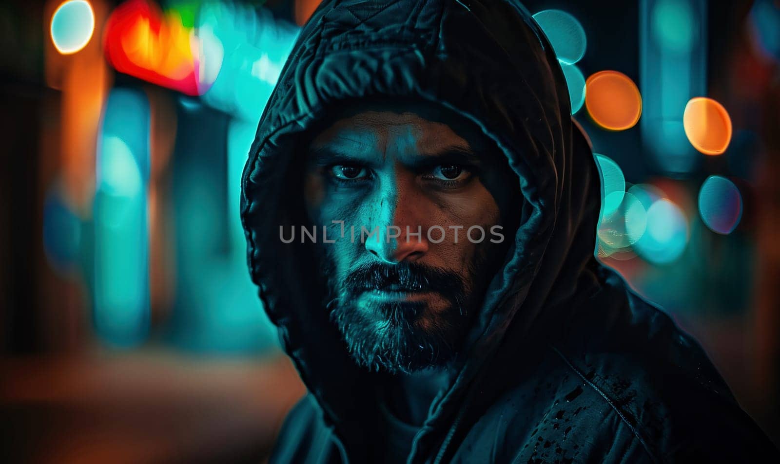 Computer hacker, face or neon man hacking online database software, website server or password phishing. Green ransomware developer, cyber security programming or night programmer coding malware code. High quality photo
