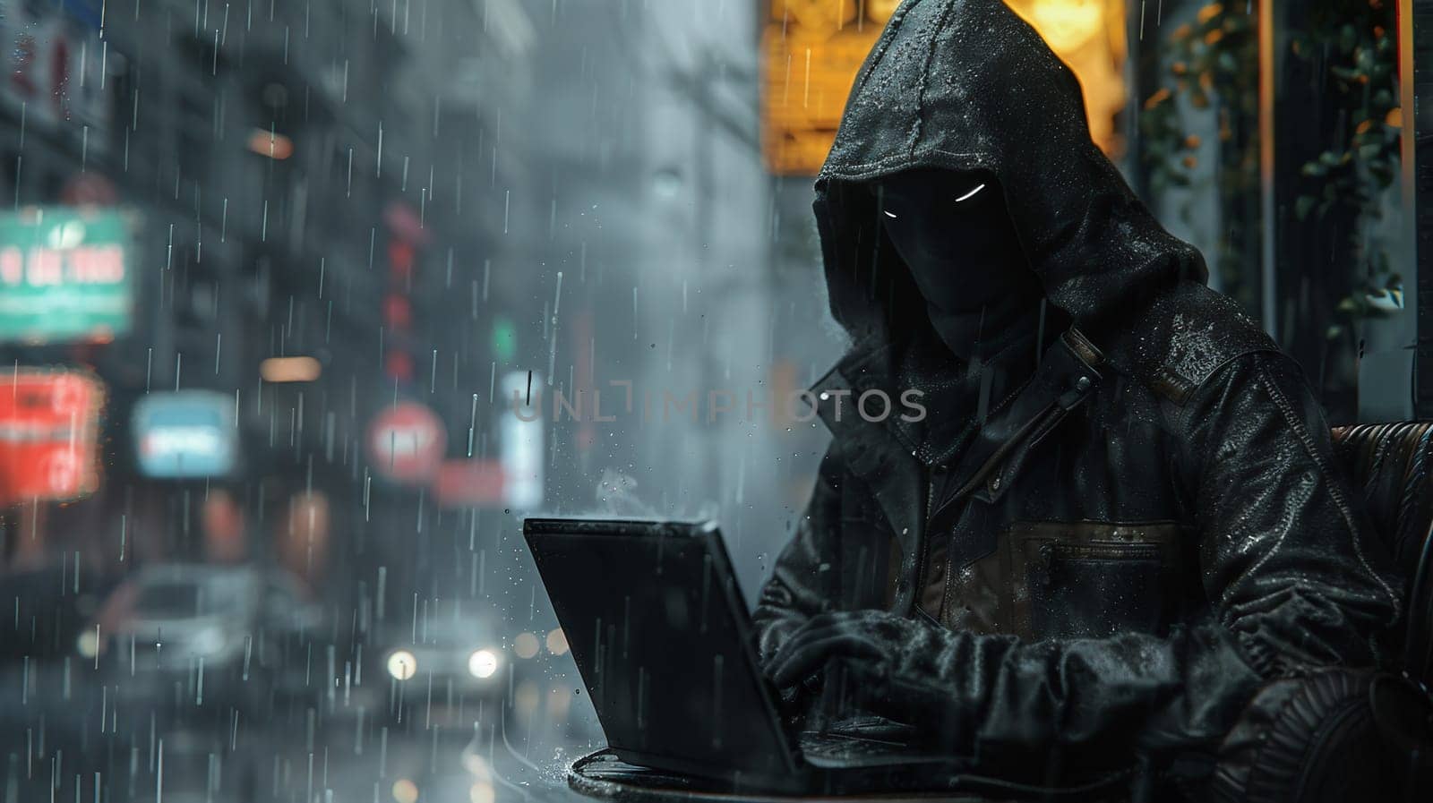 Masked data thief hacking computer network at night, working on laptop and multiple monitors to steal IT information. Hacker with hidden identity, server security breach. Handheld shot. High quality photo