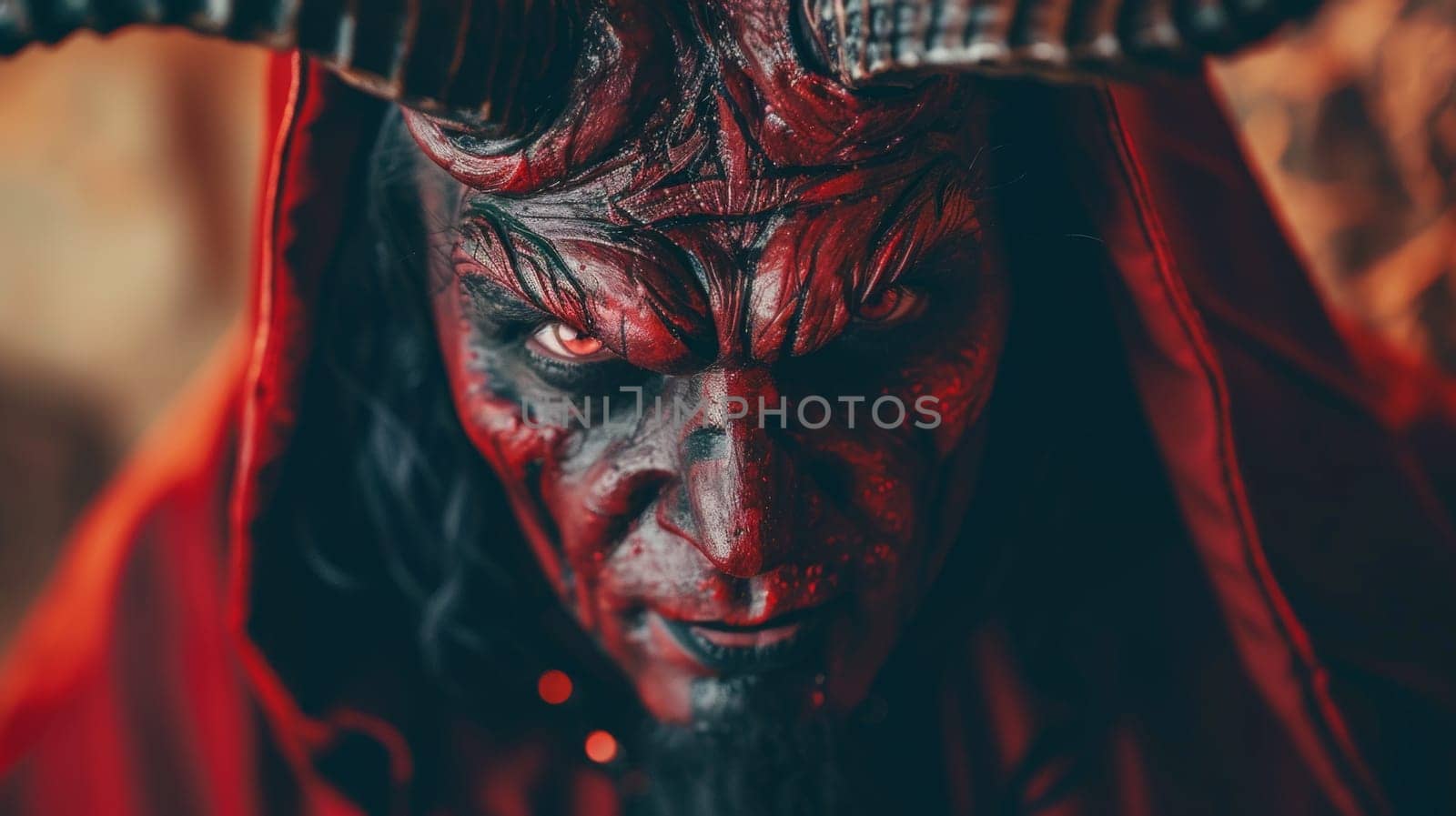 A close up of a demon with horns and red face