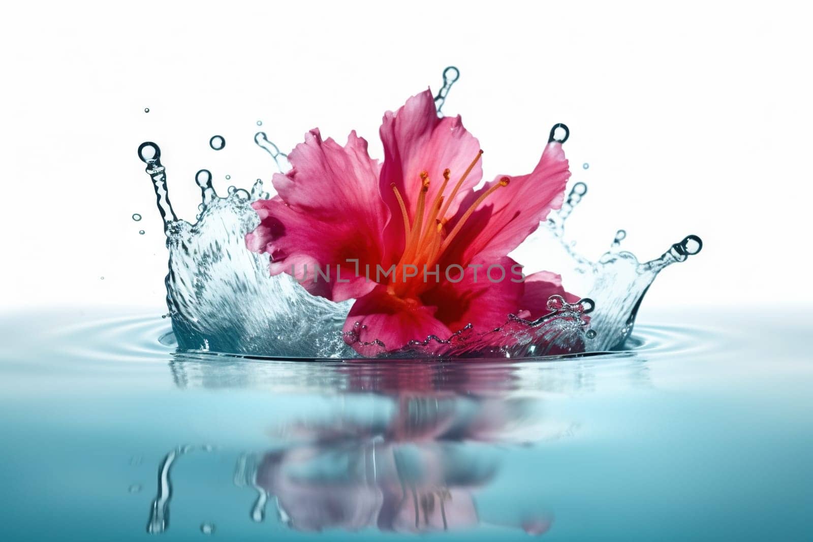 Flower in splashing water. Floral freshness concept with water drops for cosmetic, moisture and self-care packaging. Generated AI