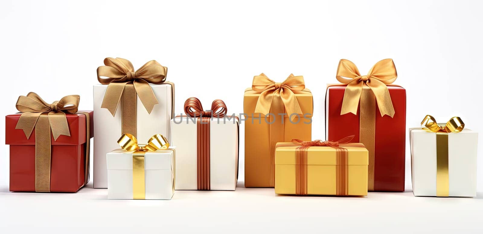 Set of gift boxes with ribbons, arranged for holidays or sale and discount event. Generated AI