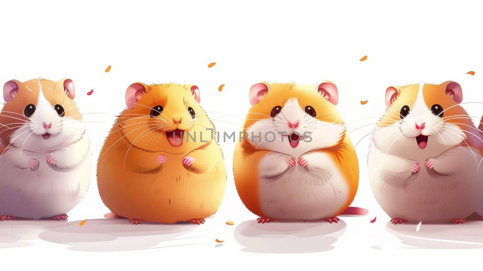 A group of five hamsters are standing next to each other