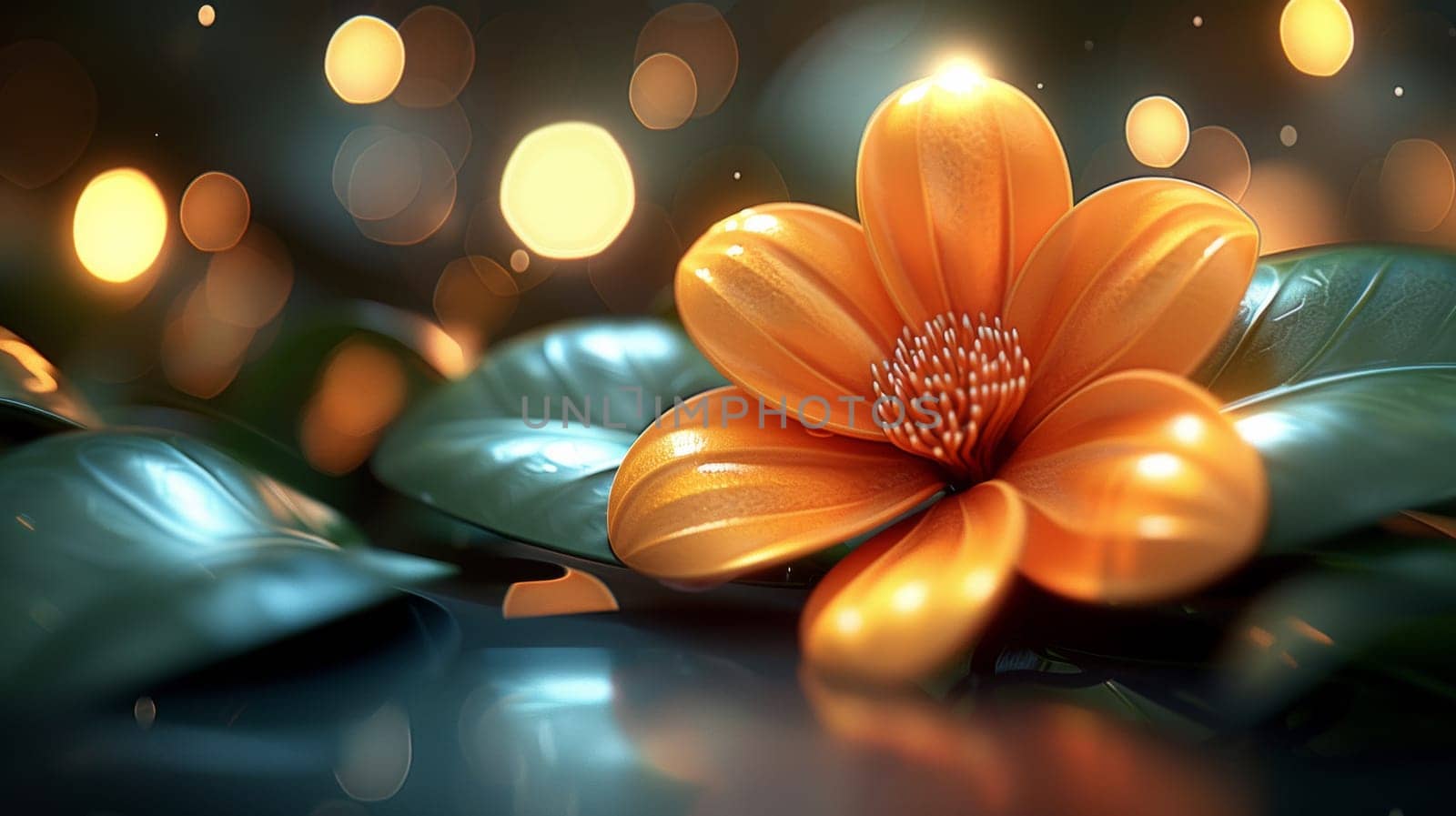 A close up of a flower with leaves and lights in the background