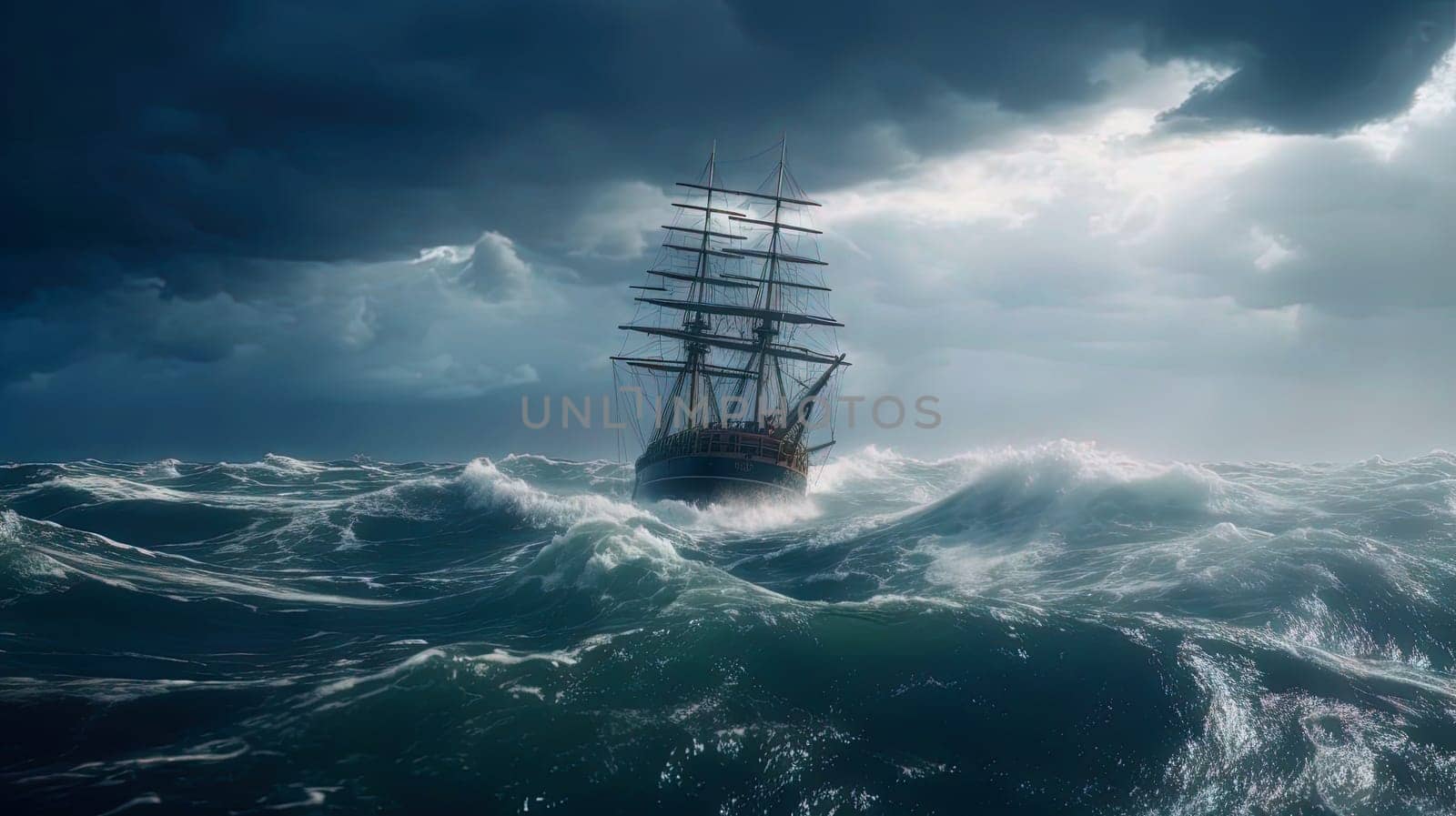 Ship in the stormy sea with huge waves. Giant stormy waves in the ocean and boat. Generated AI. by SwillKch