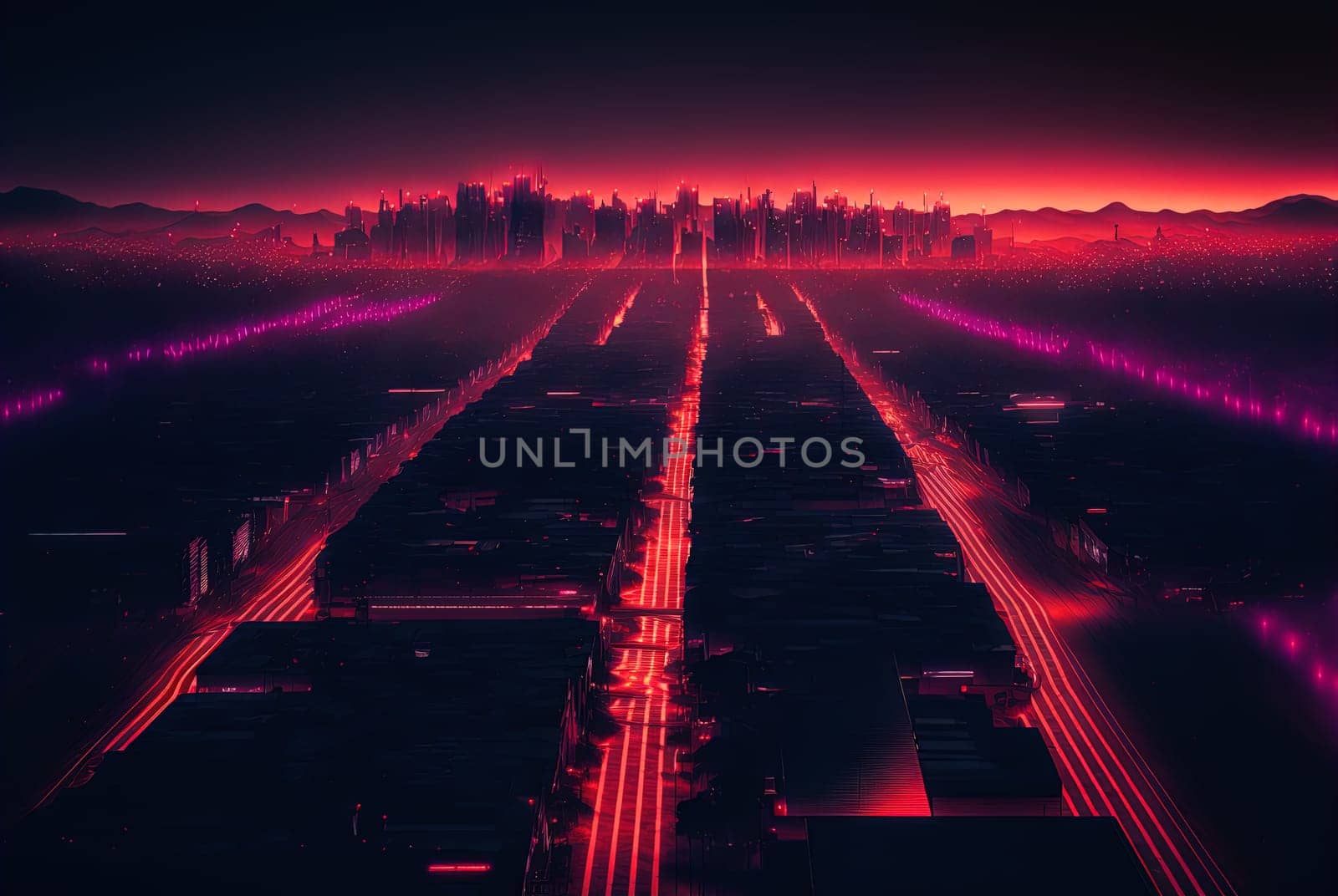 Abstract neon city aerial view. Technology concept of night cityscape with blue lights in synthwave style. Generated AI