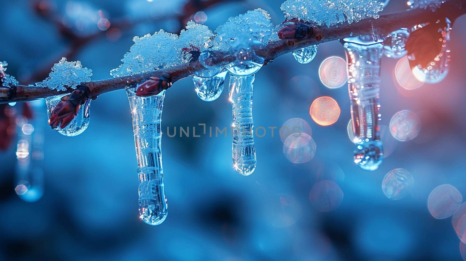 Frozen icicles hanging from a branch by Benzoix