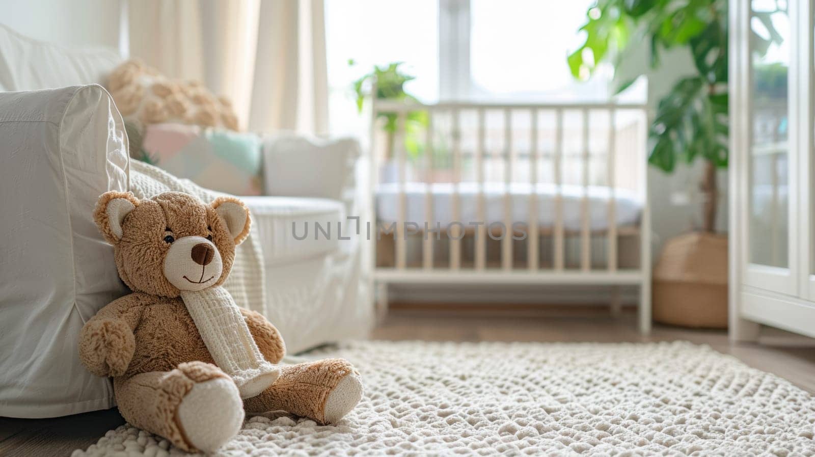 A teddy bear sitting on a white rug in front of the crib