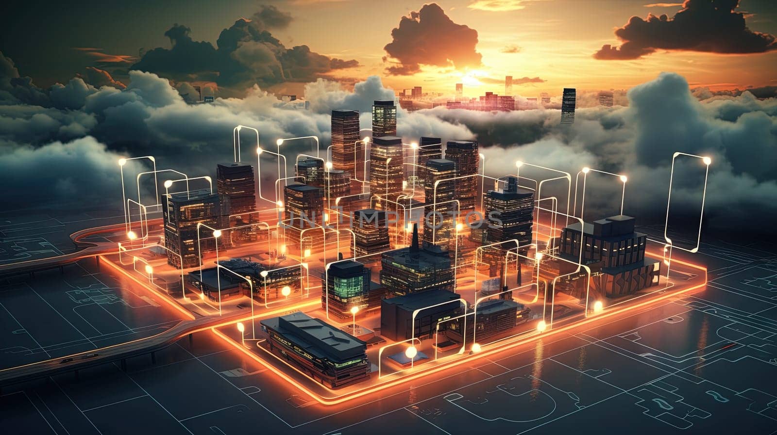 Concept of a digital city with cloud connections. Futuristic network in the clouds. Generated AI