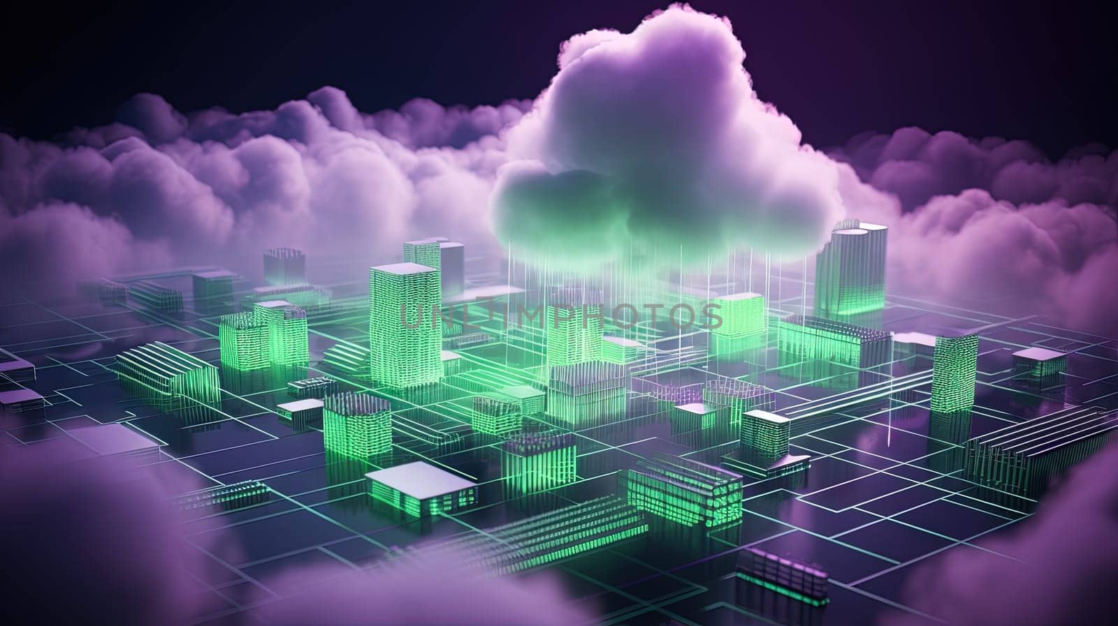 Concept of a digital city with cloud connections. Futuristic network in the clouds. Generated AI