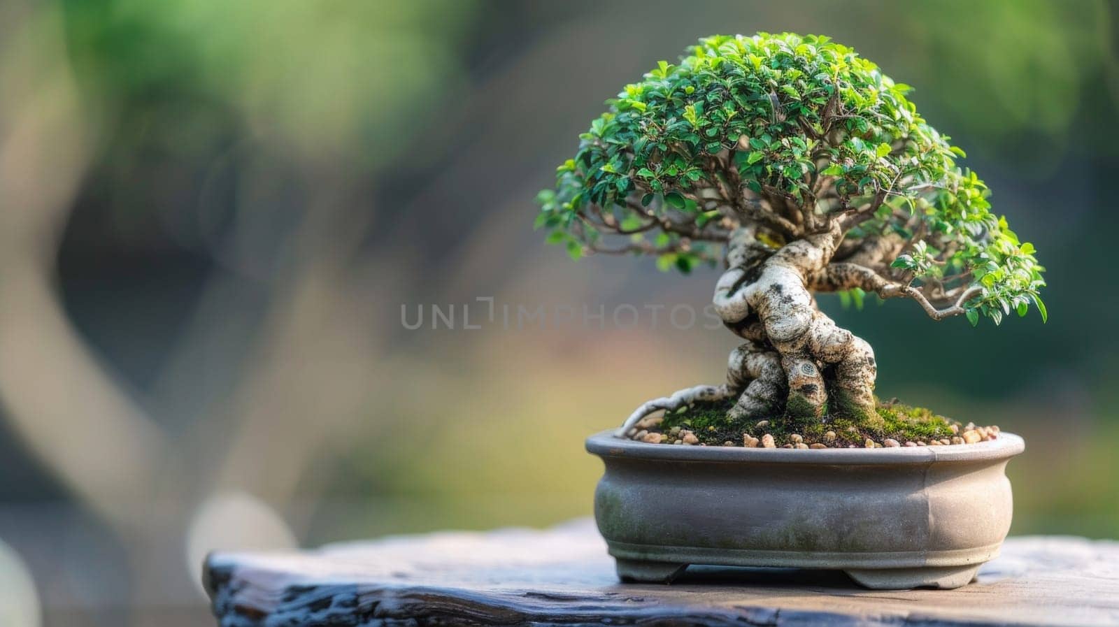 A bonsai tree in a pot on top of wooden table