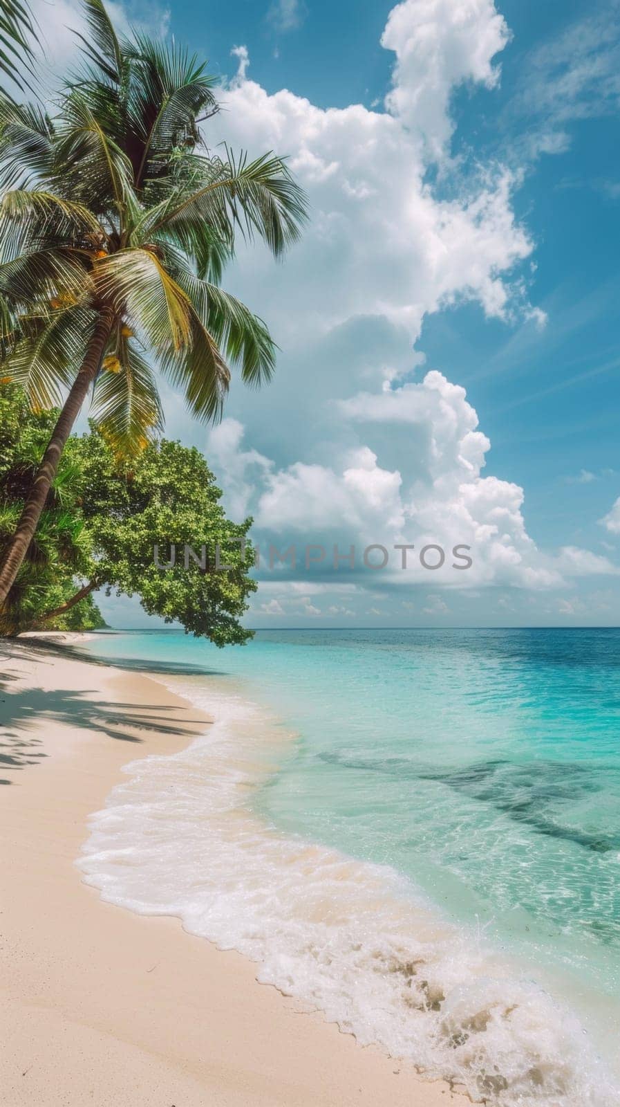 A beach with a palm tree and some water