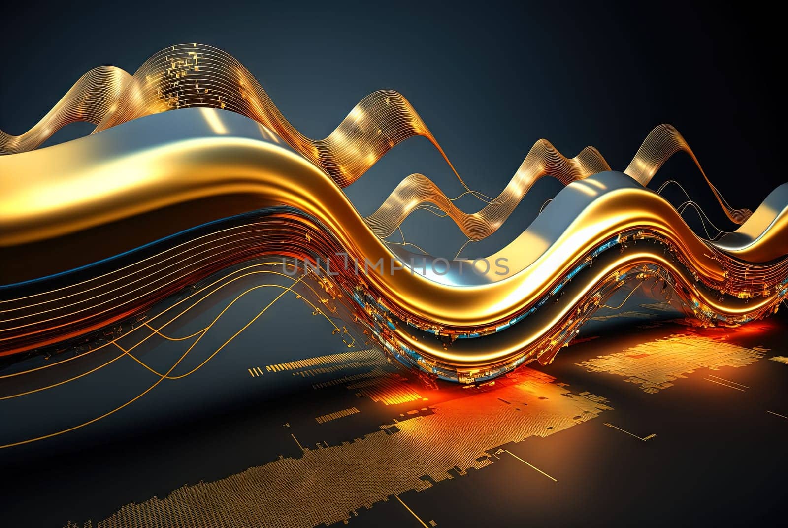 Technology abstract with shiny data wave flow. Science concept with glowing wires connected on futuristic background. Generated AI. by SwillKch