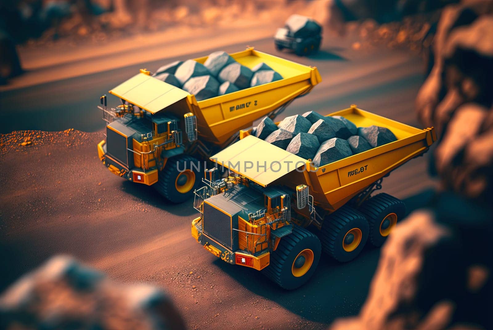 Dump truck for heavy industry mining. Ore or coal mining site with huge yellow vehicles. Industrial transport. Generated AI. by SwillKch