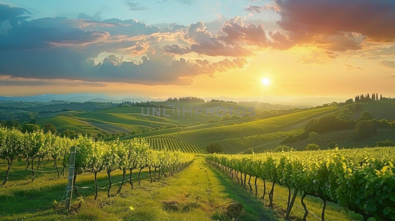 A vineyard with green grass and hills in the distance