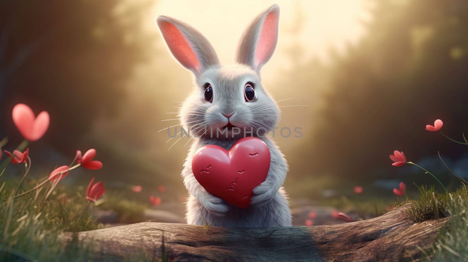 Cute fluffy rabbit hugging red heart. Valentine's Day greetings from romantic bunny holding heart. Generative AI