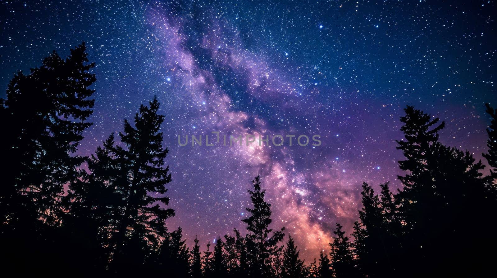 A view of a night sky with the milky way and trees