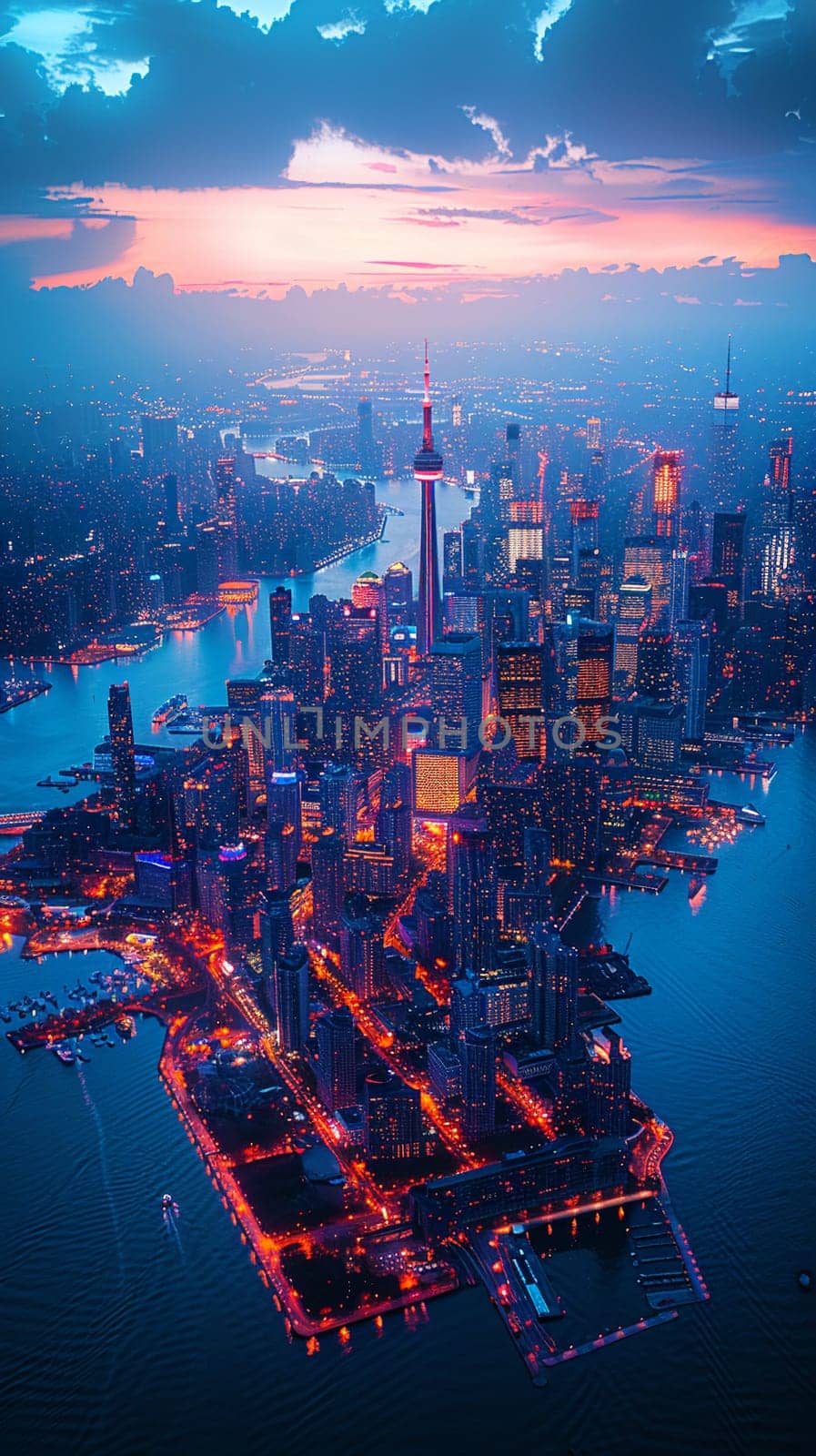 A bustling city view from above illuminated by lights at twilight by Benzoix