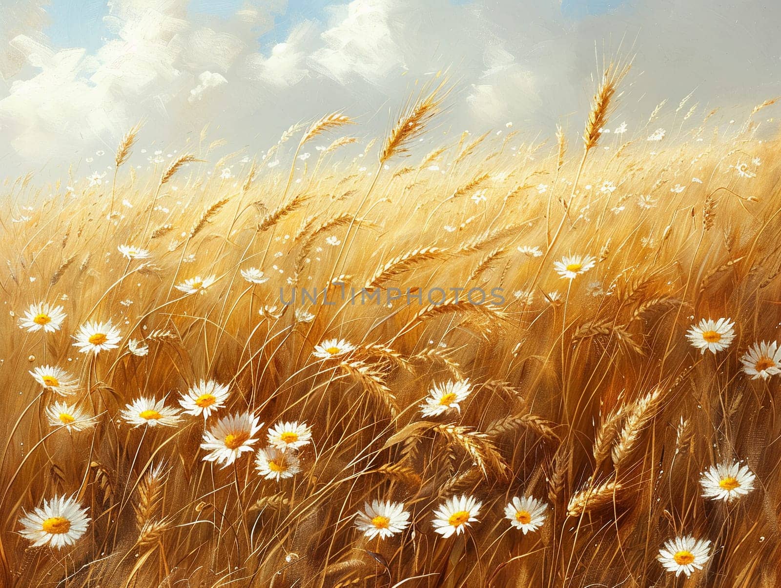 Golden wheat field swaying in the breeze, ideal for agricultural and country themes.