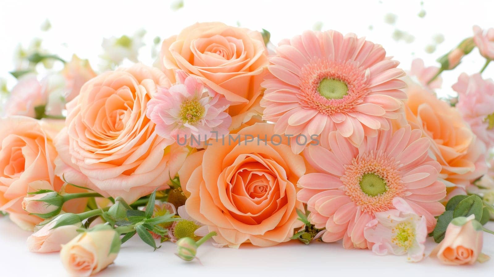 A bunch of pink flowers are sitting on a white table