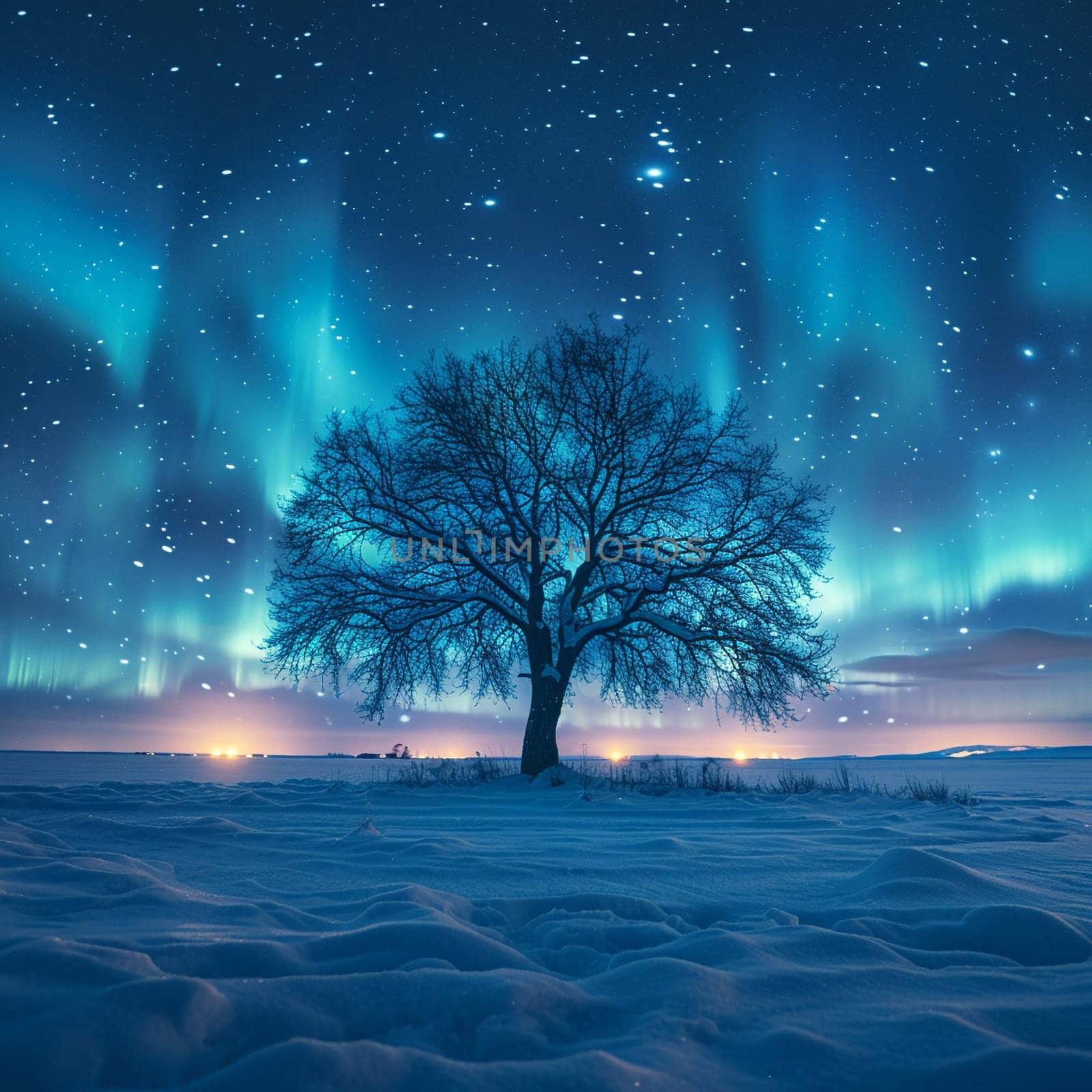 Lone tree in a snowy field under northern lights, ideal for solitude and majestic winter scenes.