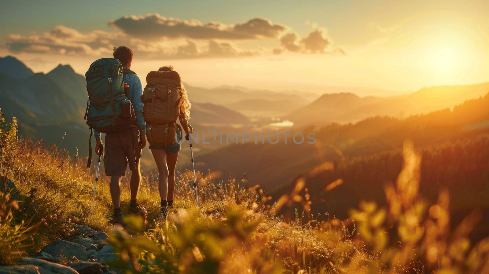 A couple of people with backpacks hiking on a mountain, AI by starush
