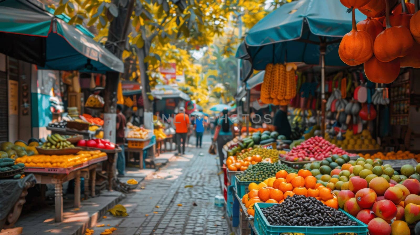 A street with a lot of fruit and vegetables on display