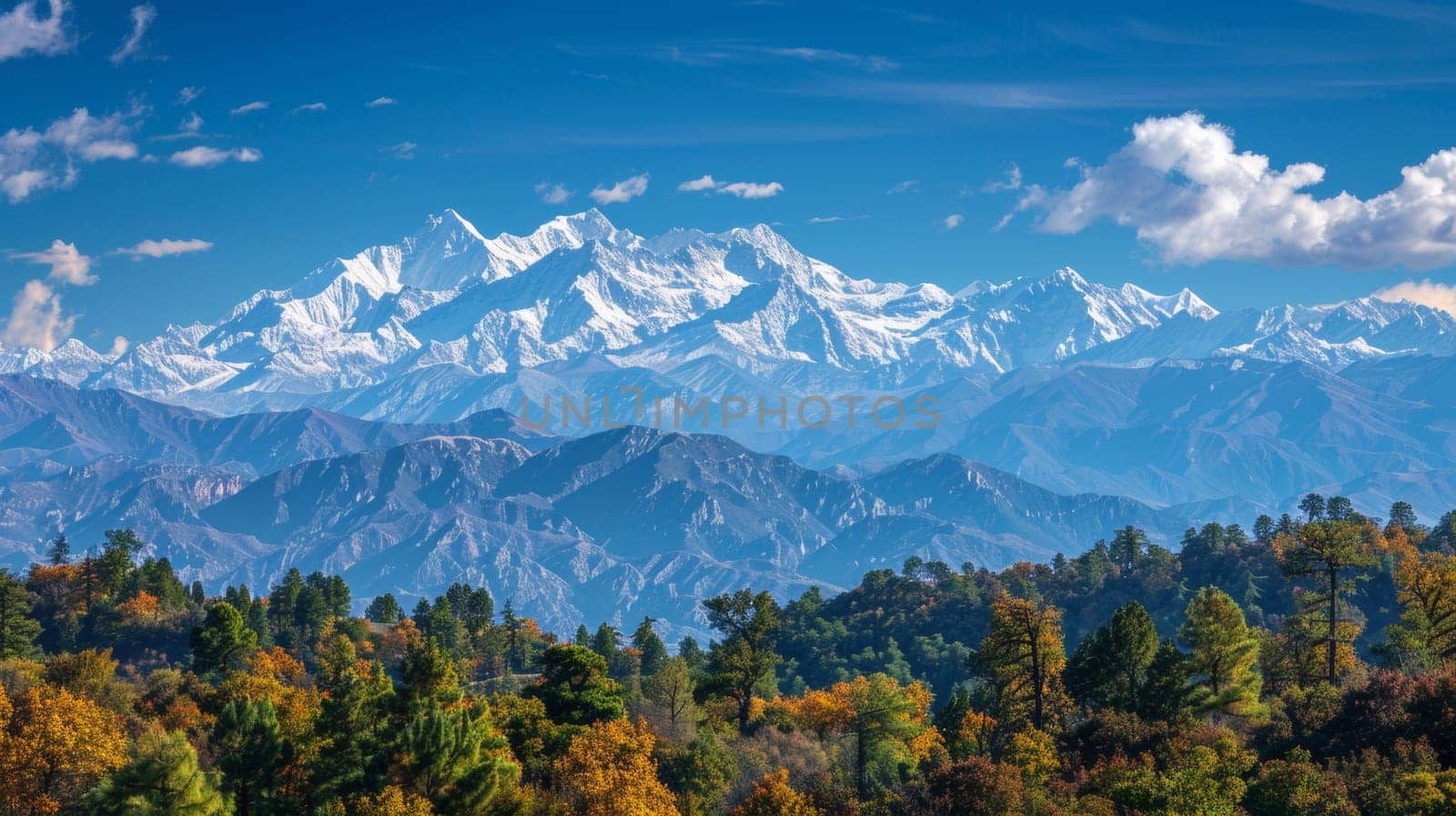 A mountain range with trees and a blue sky in the background