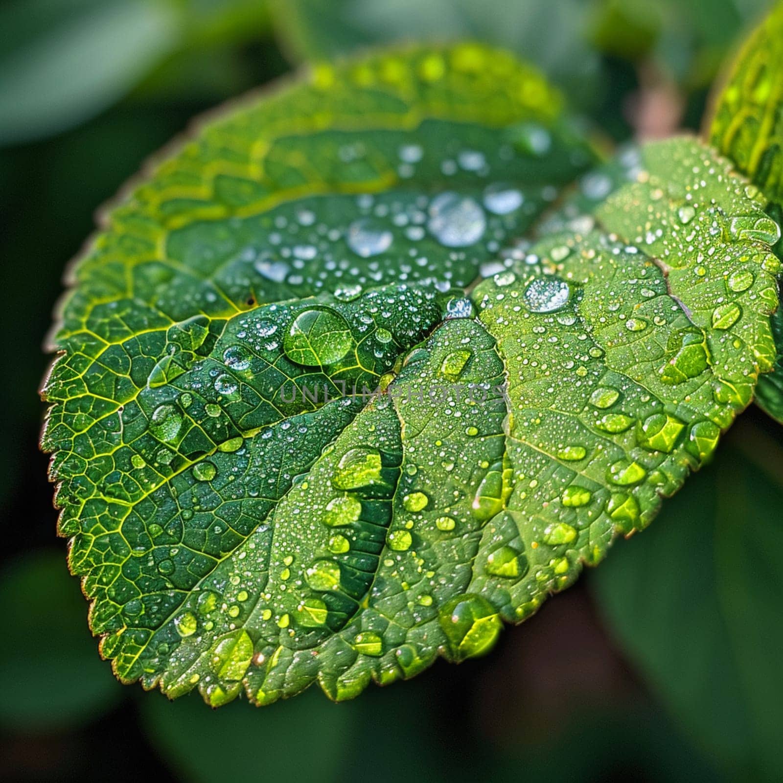 Close-up of raindrops on a vibrant green leaf by Benzoix
