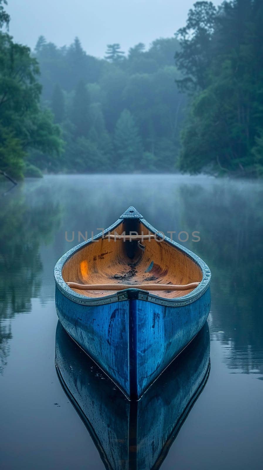 The peaceful solitude of a canoe on a misty lake at dawn by Benzoix