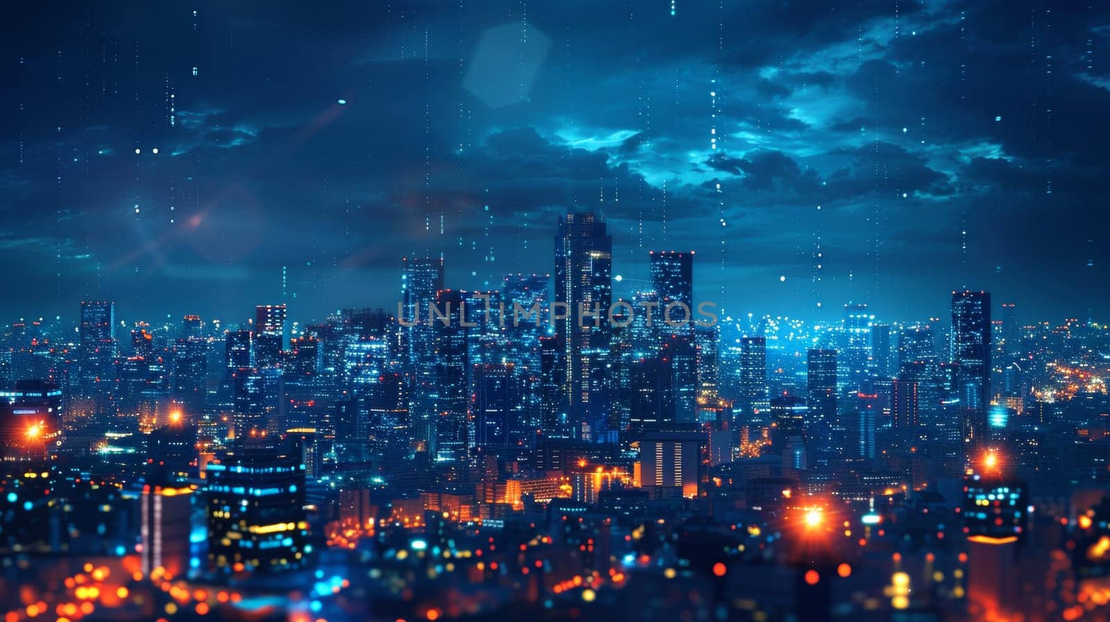 A city skyline lit up at night with a blue sky