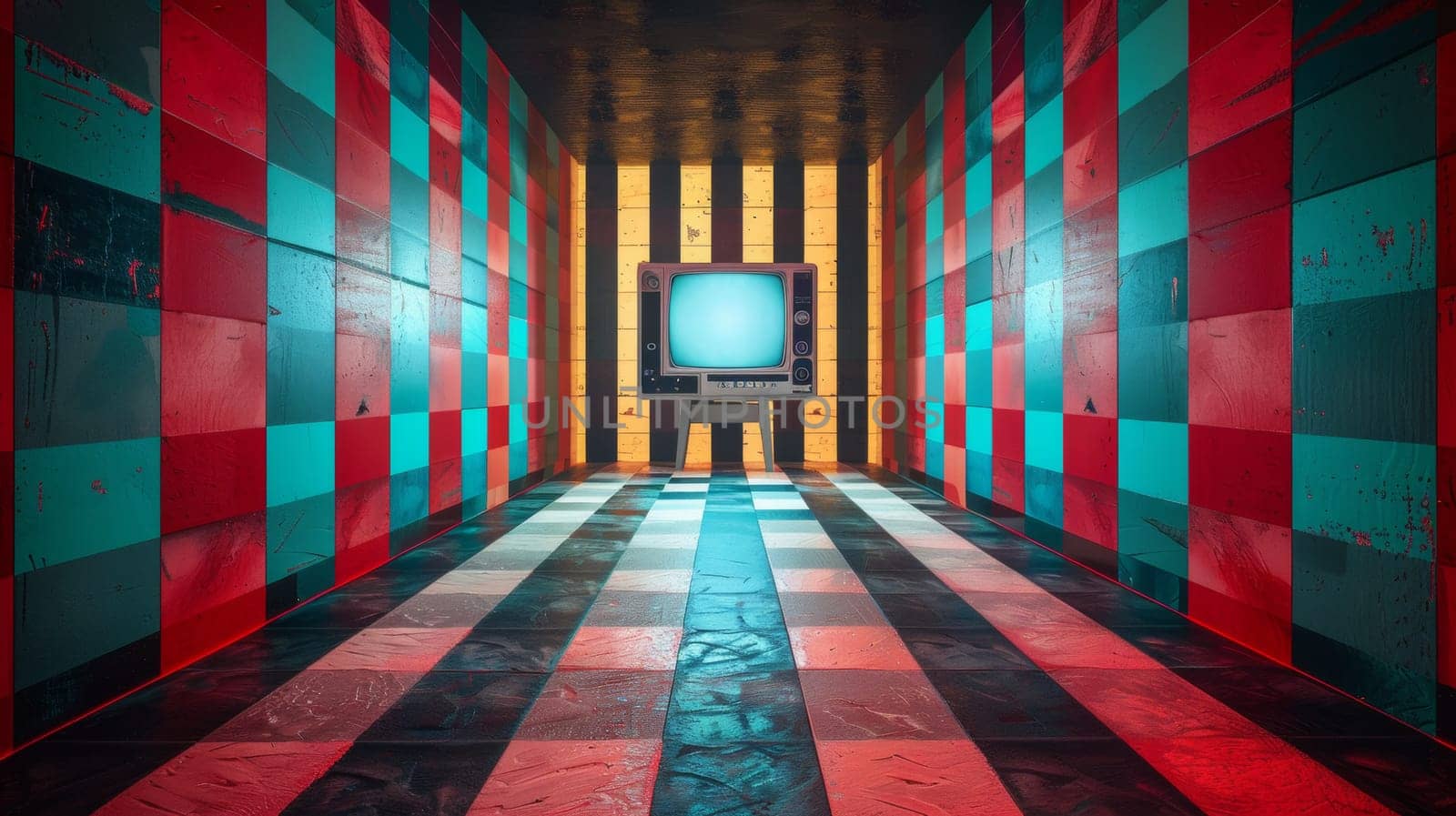 A hallway with a television on the wall and colorful checkered floor