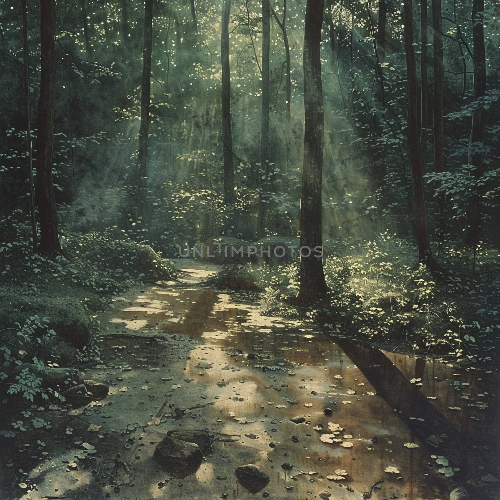 Shadows cast by a forest canopy on a woodland floor by Benzoix