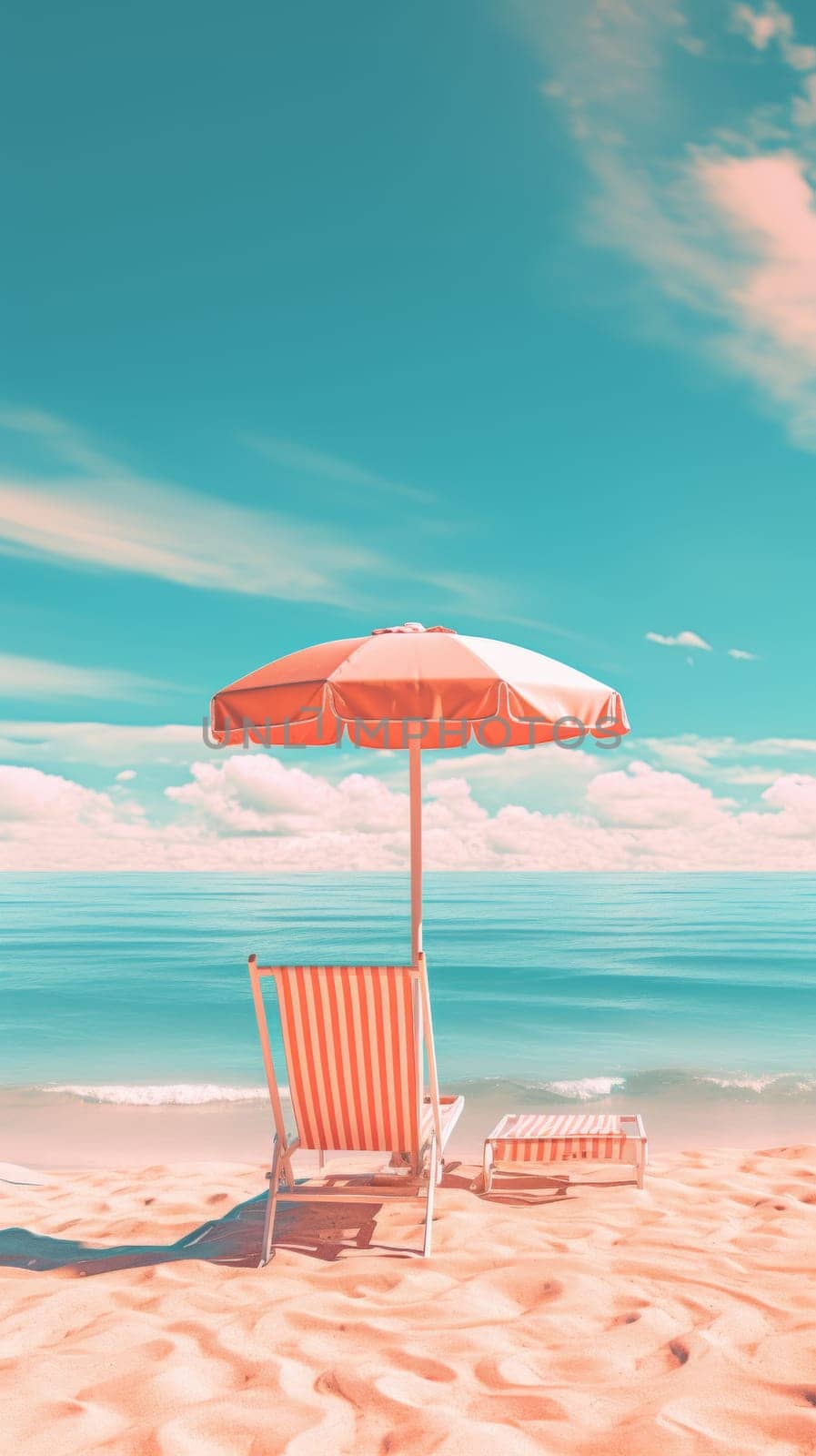 A beach chair and umbrella on the sand with a view of ocean