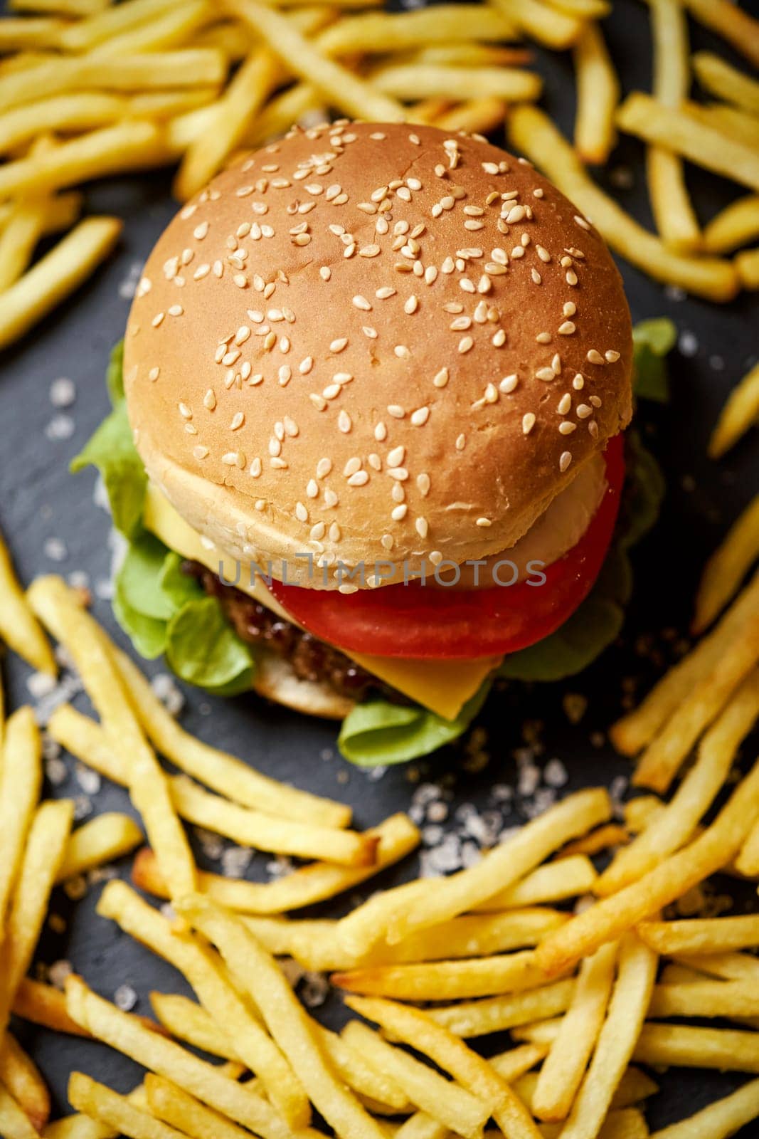 cheeseburger surrounded by french fries on a black table by superstellar