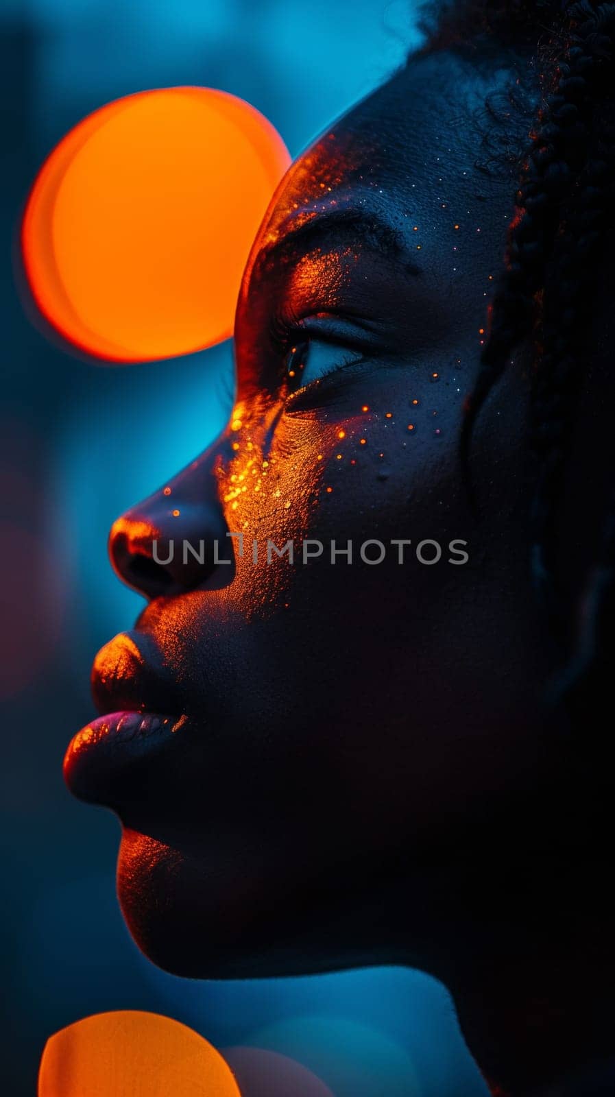 A close up of a woman with her eyes closed and some lights