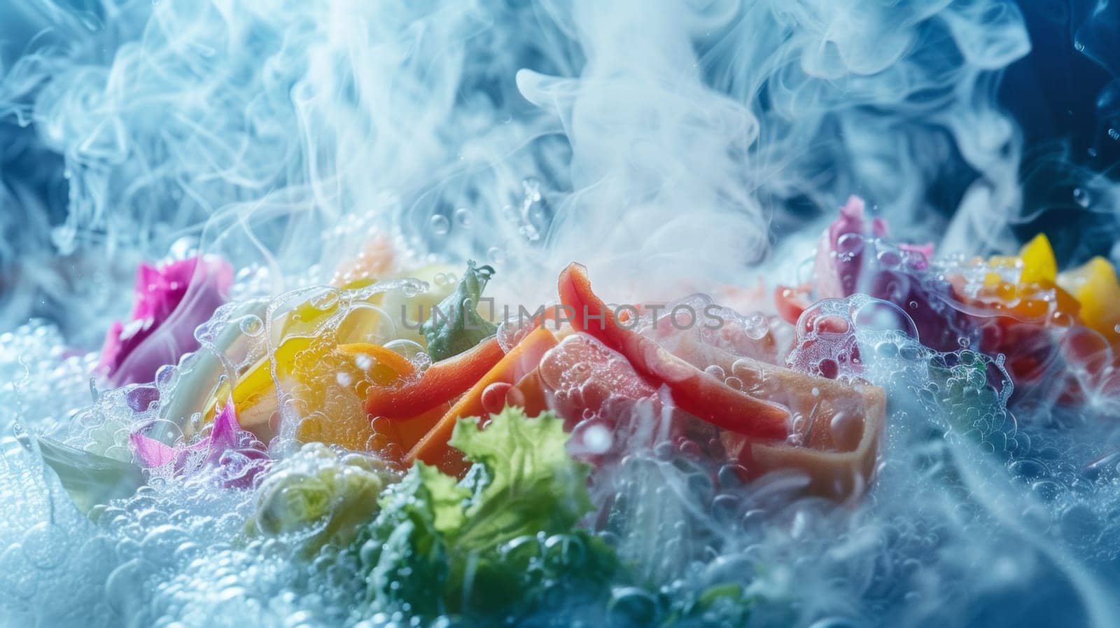 A close up of a bunch of vegetables in water with steam