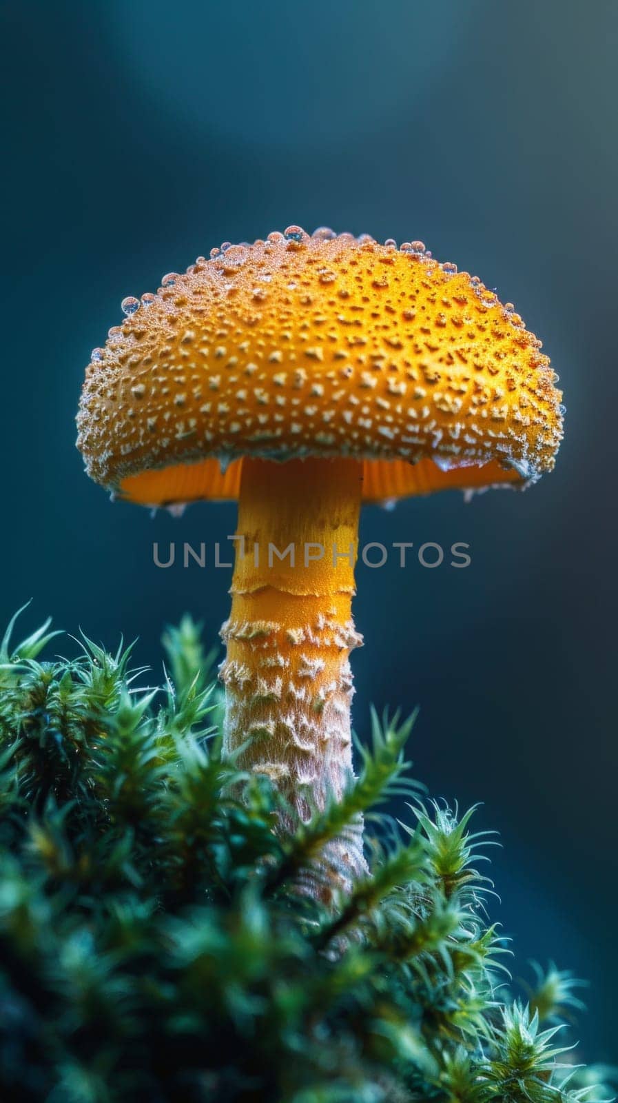An orange mushroom with drops of water on it sitting in the grass