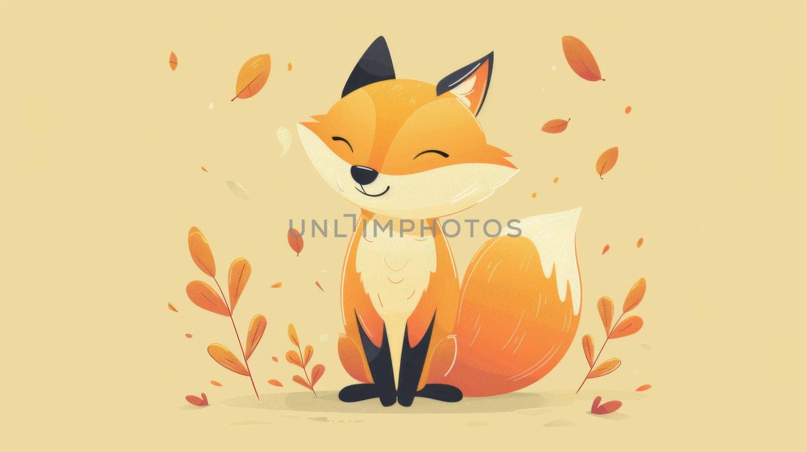 A cartoon fox sitting on a beige background with leaves