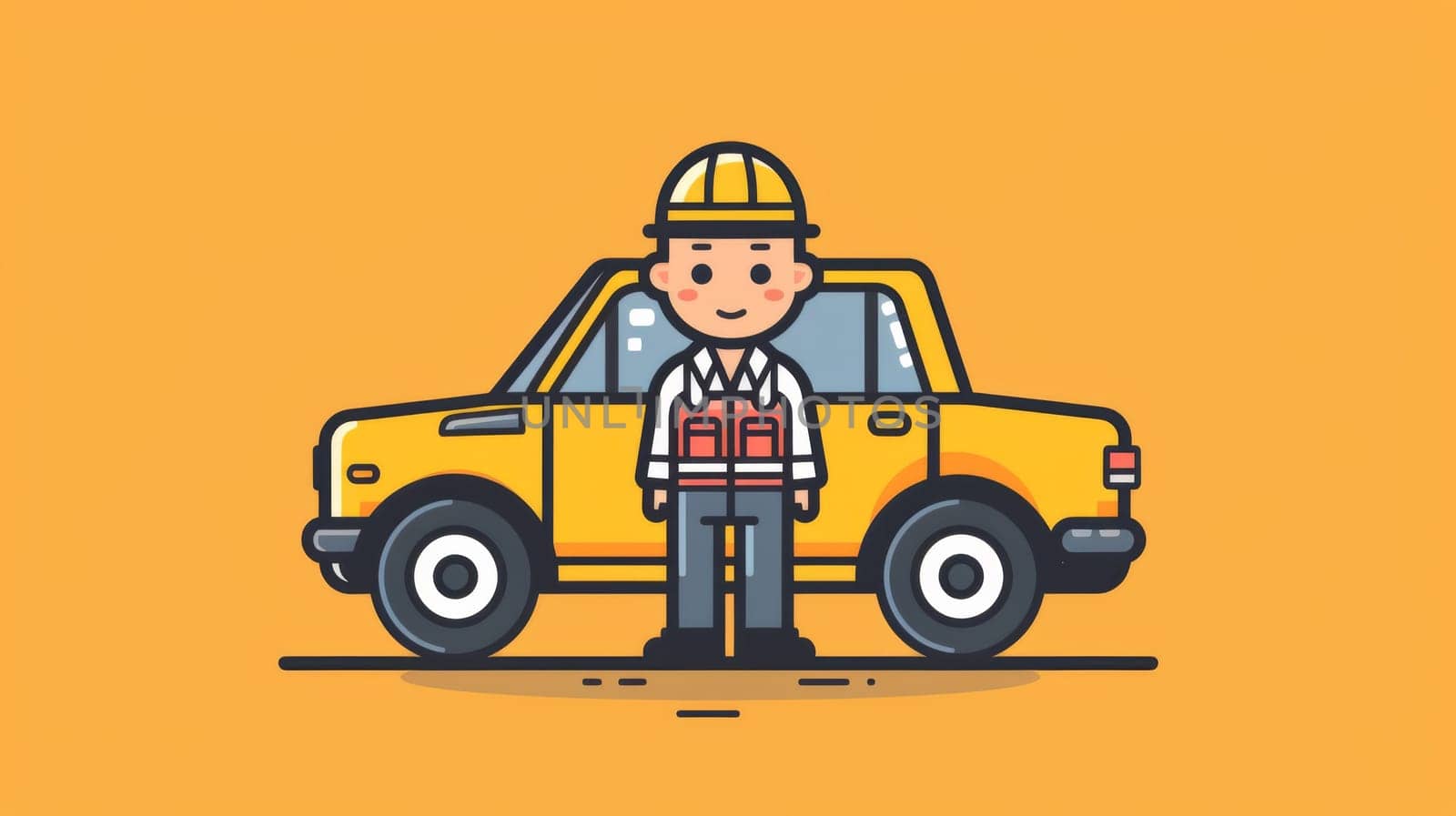 A cartoon man standing next to a car with yellow background